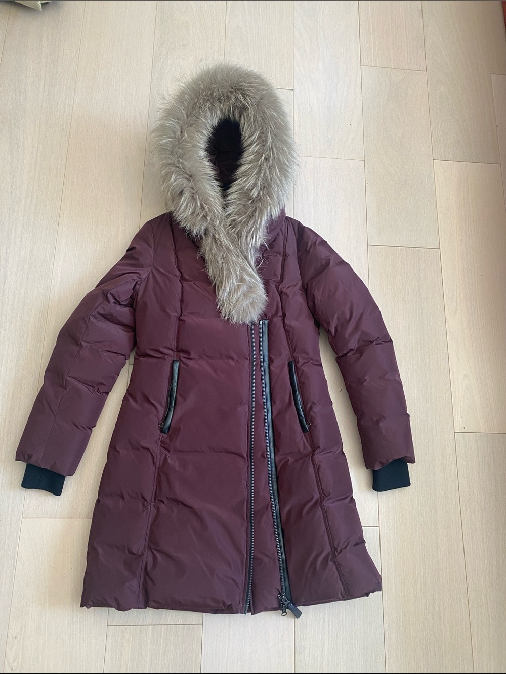 Mackage Women's Wine Burgundy Hooded Puffer Coat with Fur Trim